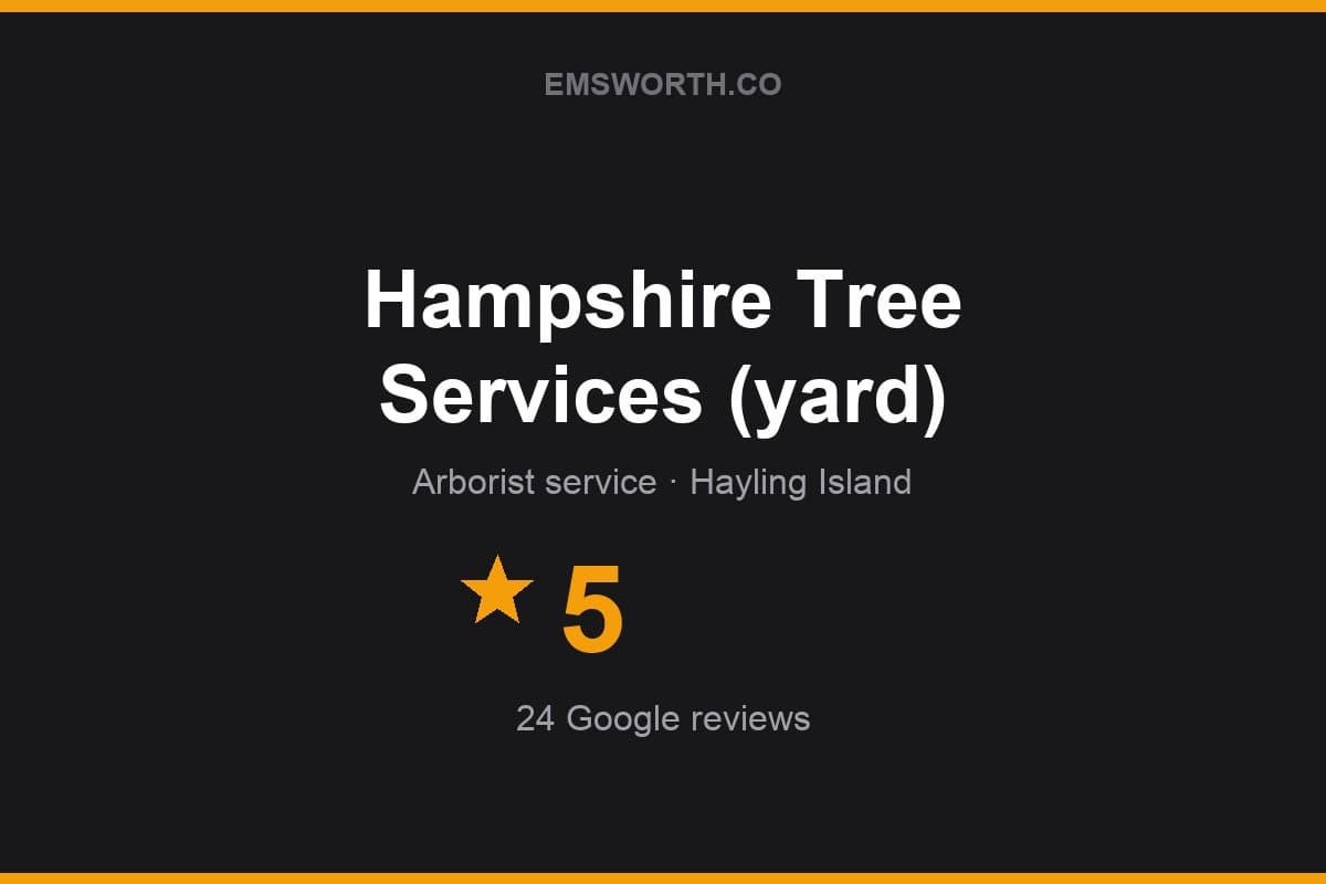 Branded Emsworth.co rating card for Hampshire Tree Services (yard) — 5 stars, 24 Google reviews