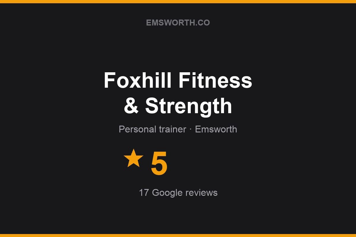 Branded Emsworth.co rating card for Foxhill Fitness & Strength — 5 stars, 17 Google reviews