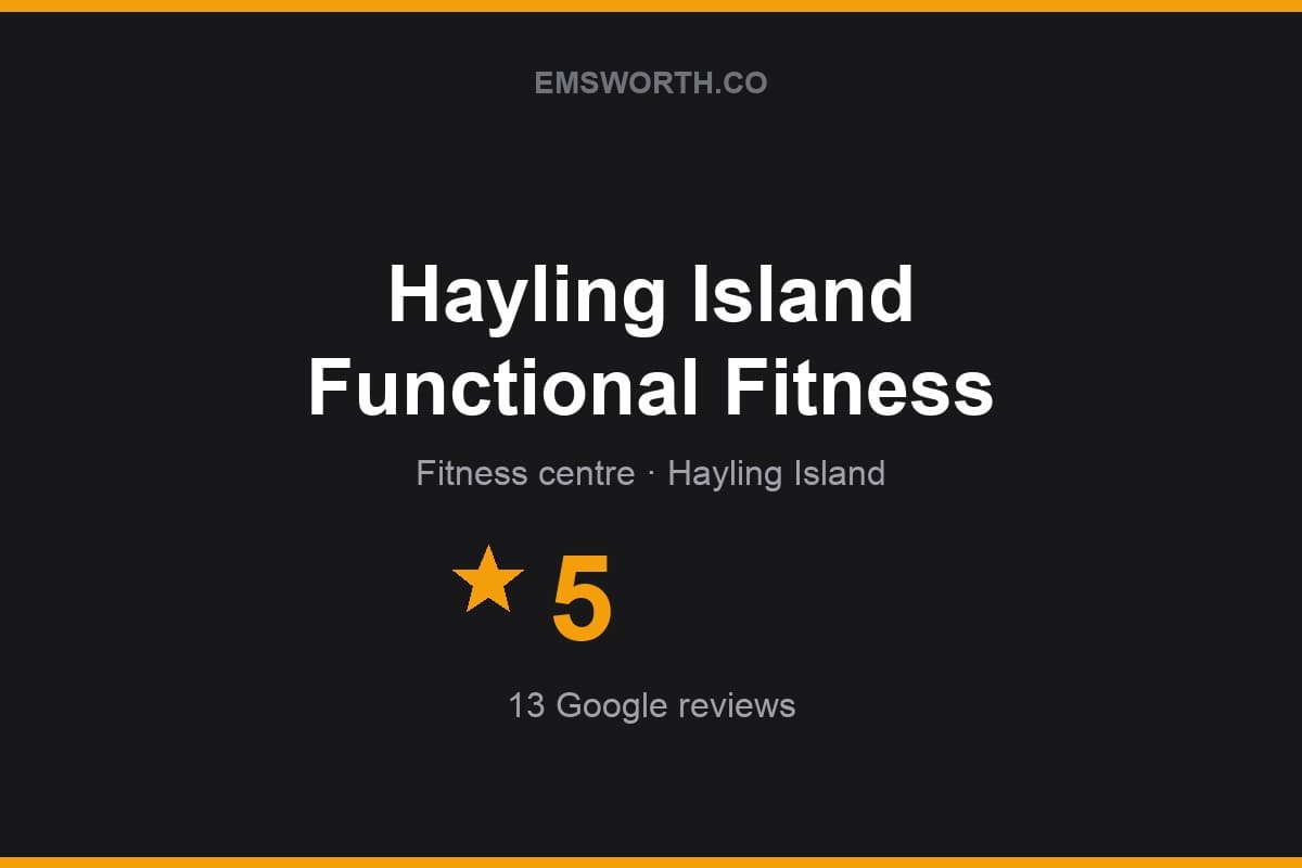 Branded Emsworth.co rating card for Hayling Island Functional Fitness — 5 stars, 13 Google reviews