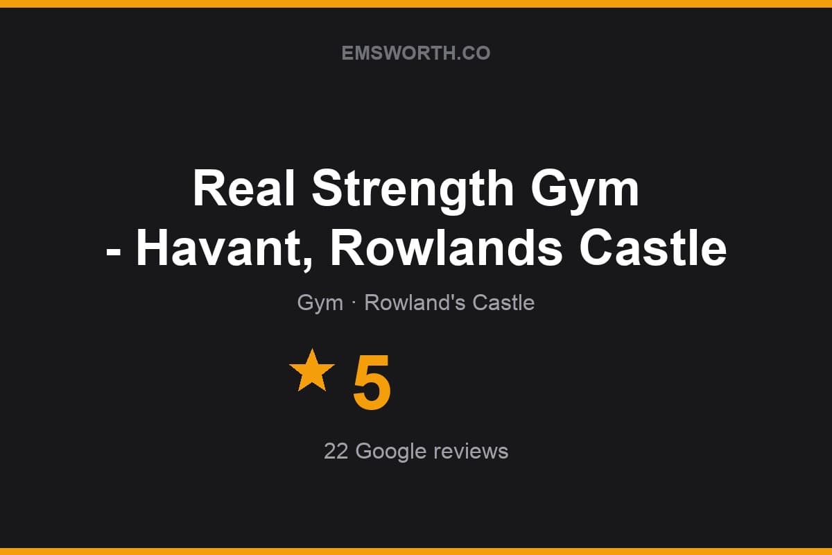 Branded Emsworth.co rating card for Real Strength Gym - Havant, Rowlands Castle — 5 stars, 22 Google reviews