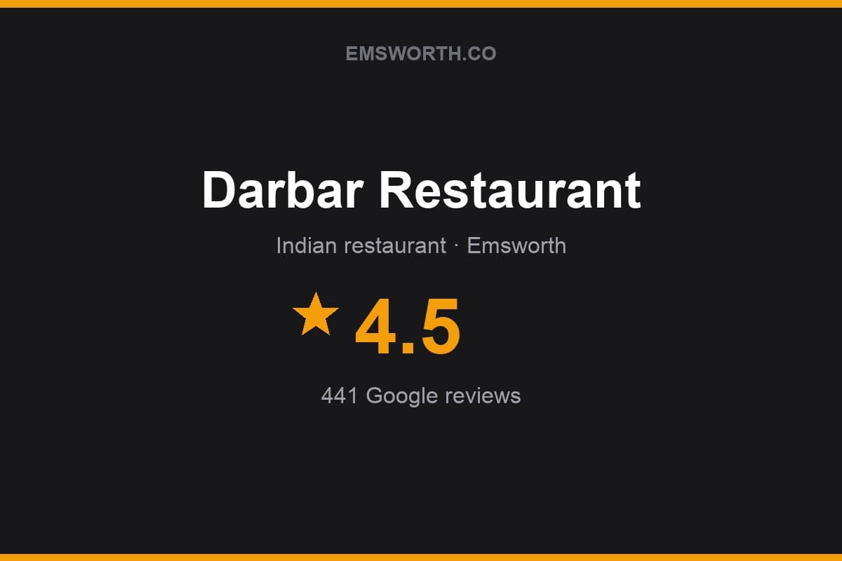 Branded Emsworth.co rating card for Darbar Restaurant — 4.5 stars, 441 Google reviews