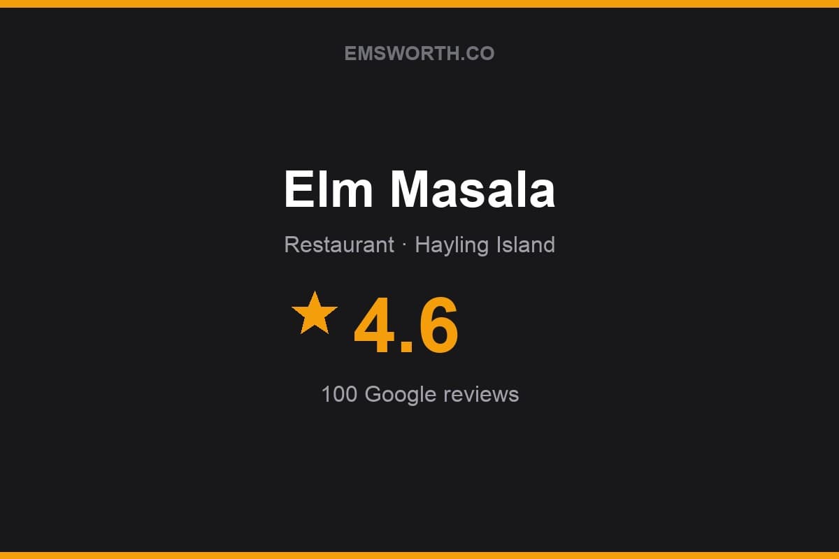 Branded Emsworth.co rating card for Elm Masala — 4.6 stars, 100 Google reviews