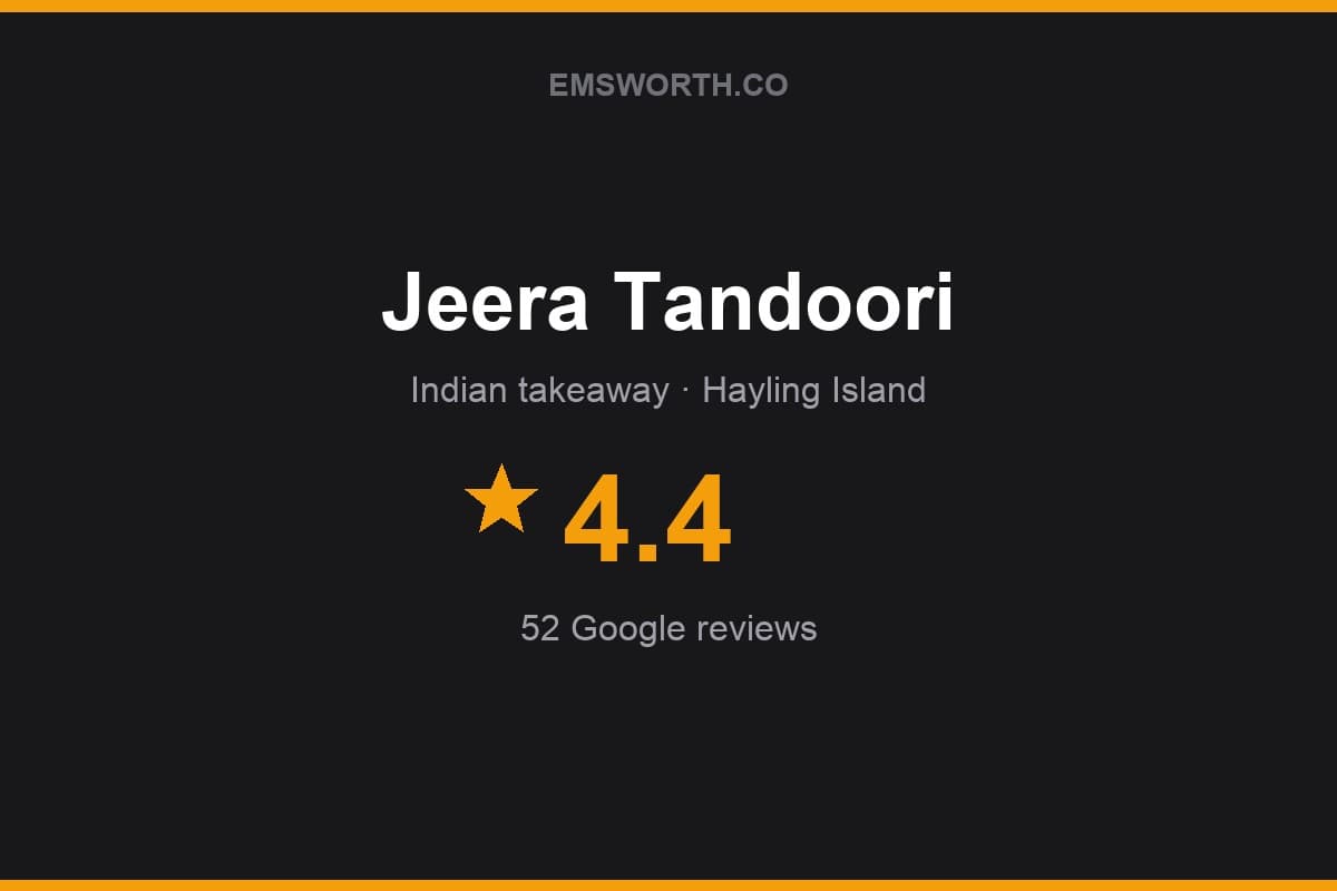 Branded Emsworth.co rating card for Jeera Tandoori — 4.4 stars, 52 Google reviews