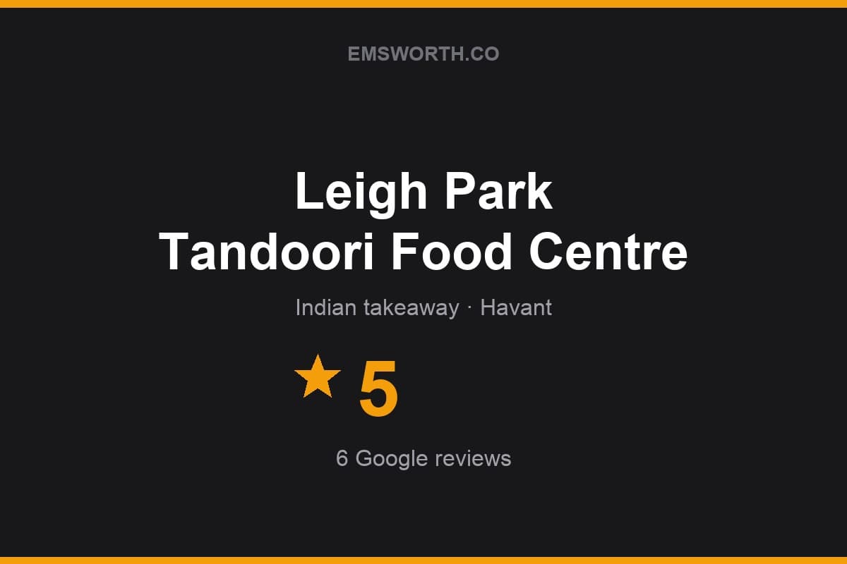 Branded Emsworth.co rating card for Leigh Park Tandoori Food Centre — 5 stars, 6 Google reviews