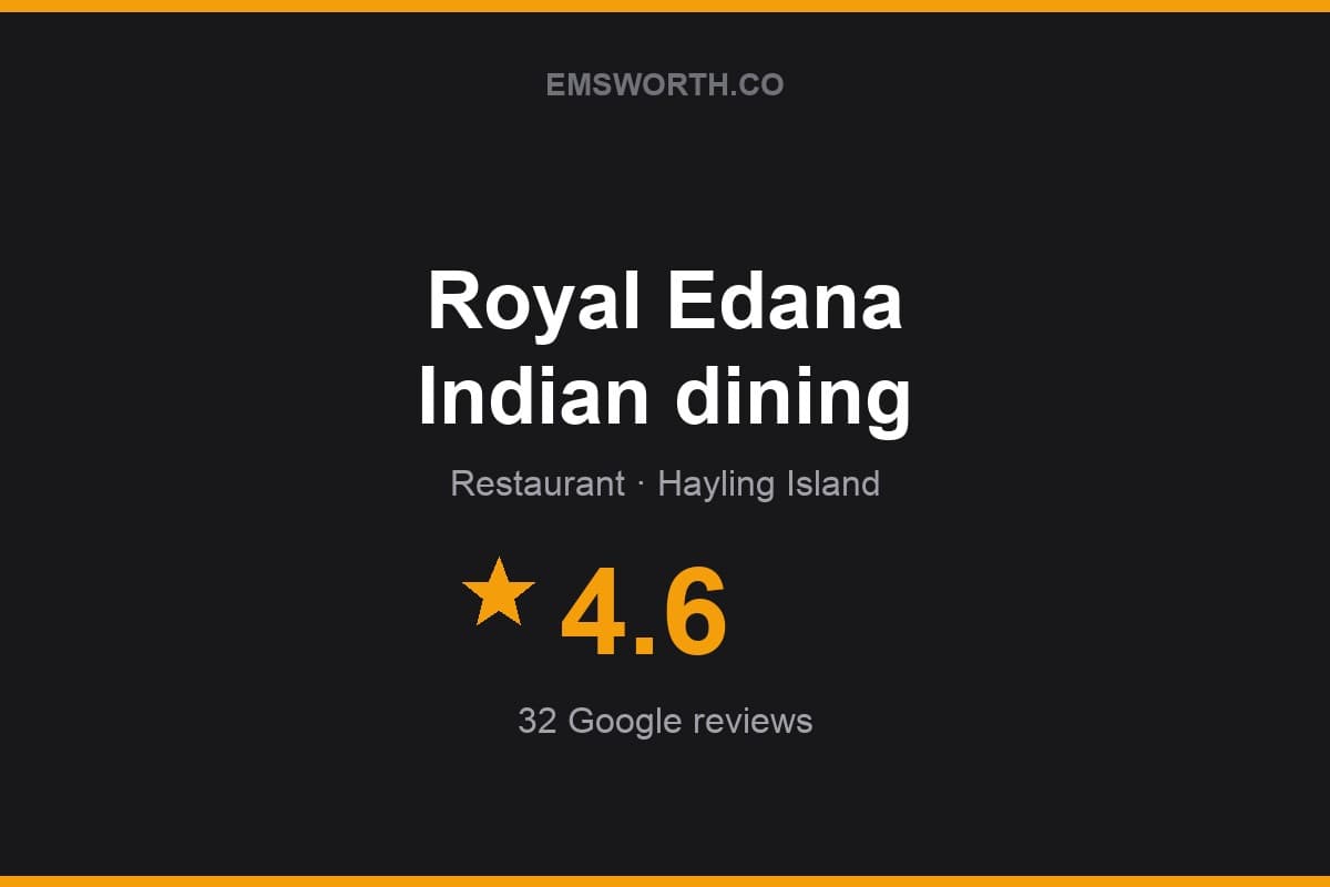 Branded Emsworth.co rating card for Royal Edana Indian dining — 4.6 stars, 32 Google reviews