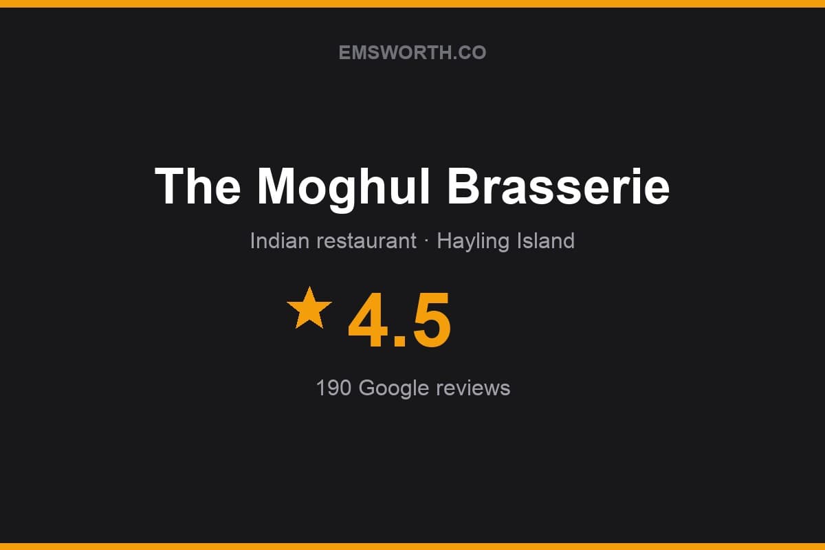 Branded Emsworth.co rating card for The Moghul Brasserie — 4.5 stars, 190 Google reviews