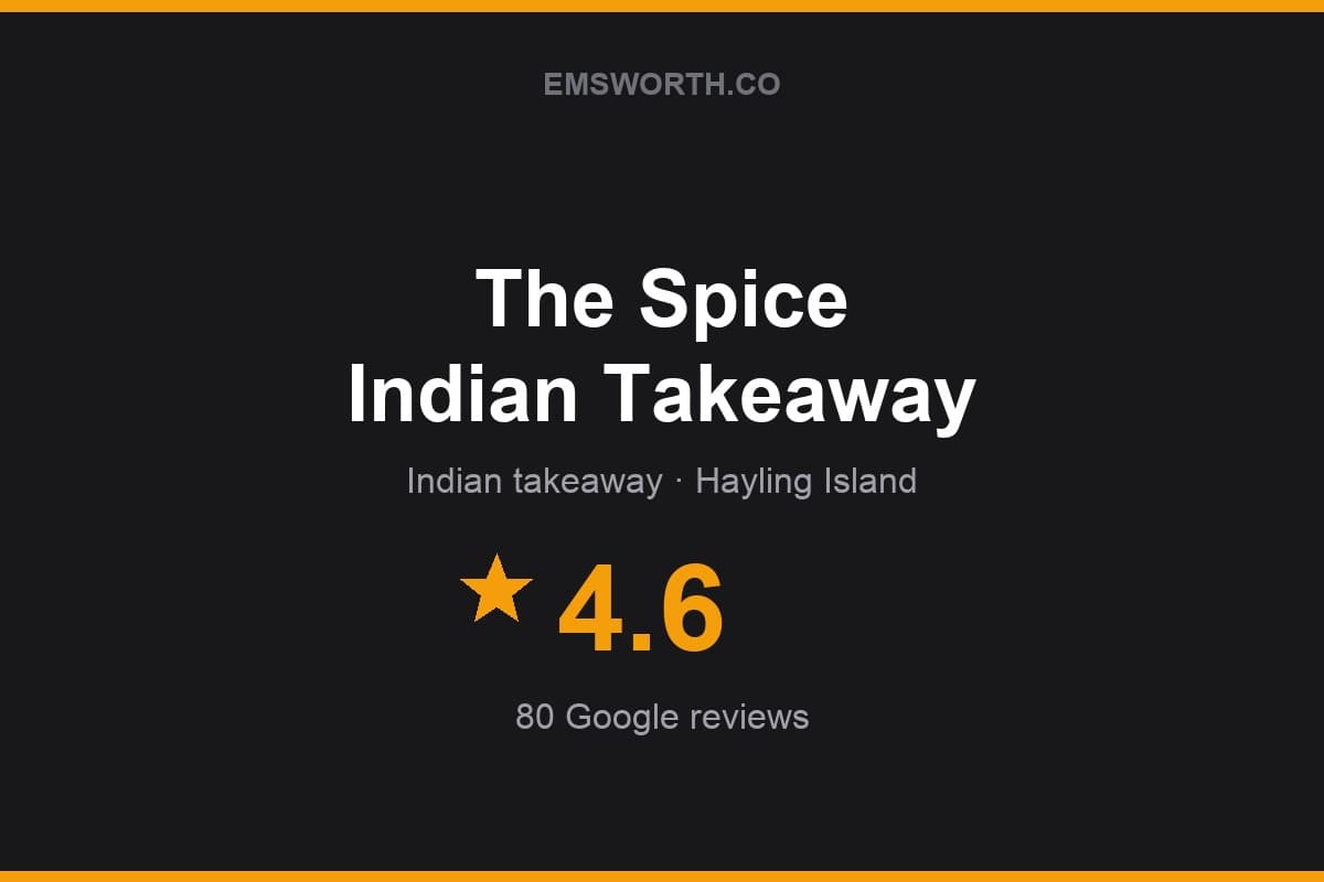 Branded Emsworth.co rating card for The Spice Indian Takeaway — 4.6 stars, 80 Google reviews