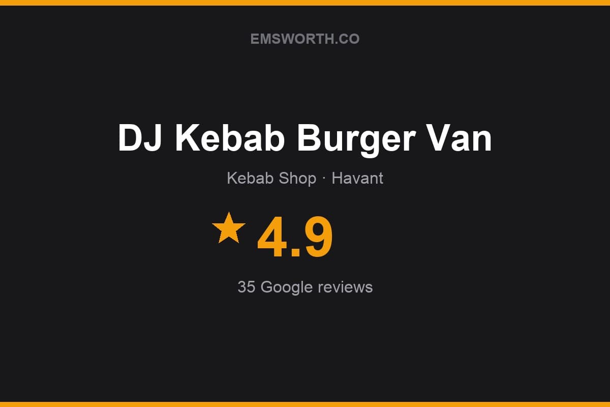 Branded Emsworth.co rating card for DJ Kebab Burger Van — 4.9 stars, 35 Google reviews