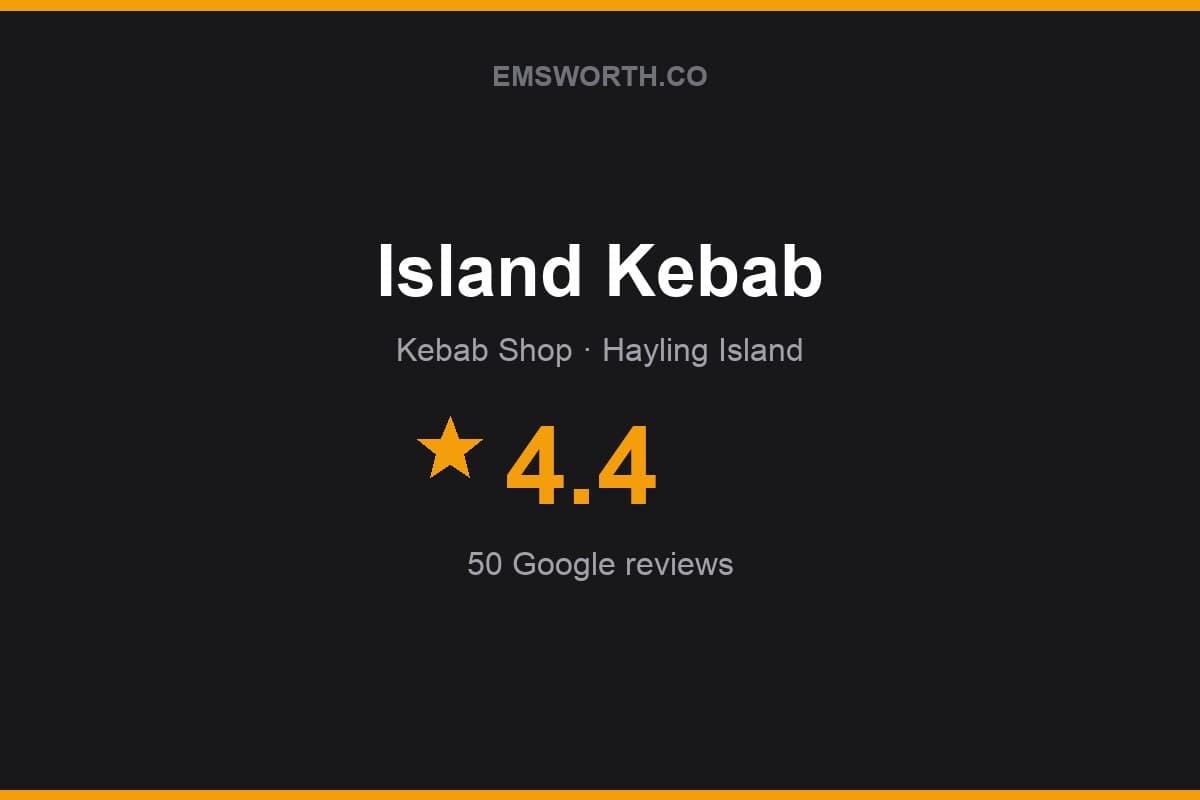 Branded Emsworth.co rating card for Island Kebab — 4.4 stars, 50 Google reviews