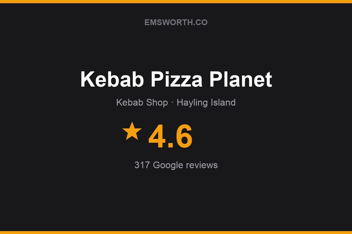 Branded Emsworth.co rating card for Kebab Pizza Planet — 4.6 stars, 317 Google reviews