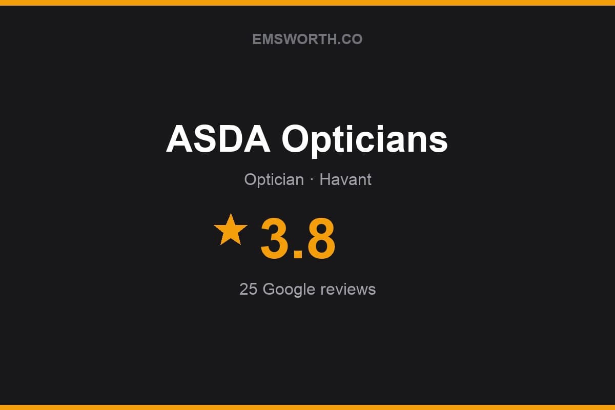 Branded Emsworth.co rating card for ASDA Opticians — 3.8 stars, 25 Google reviews