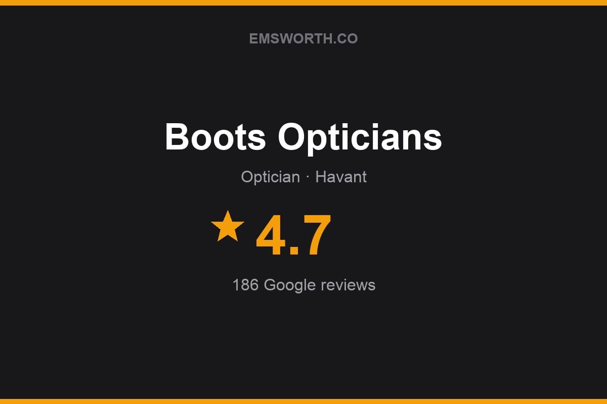 Branded Emsworth.co rating card for Boots Opticians — 4.7 stars, 186 Google reviews