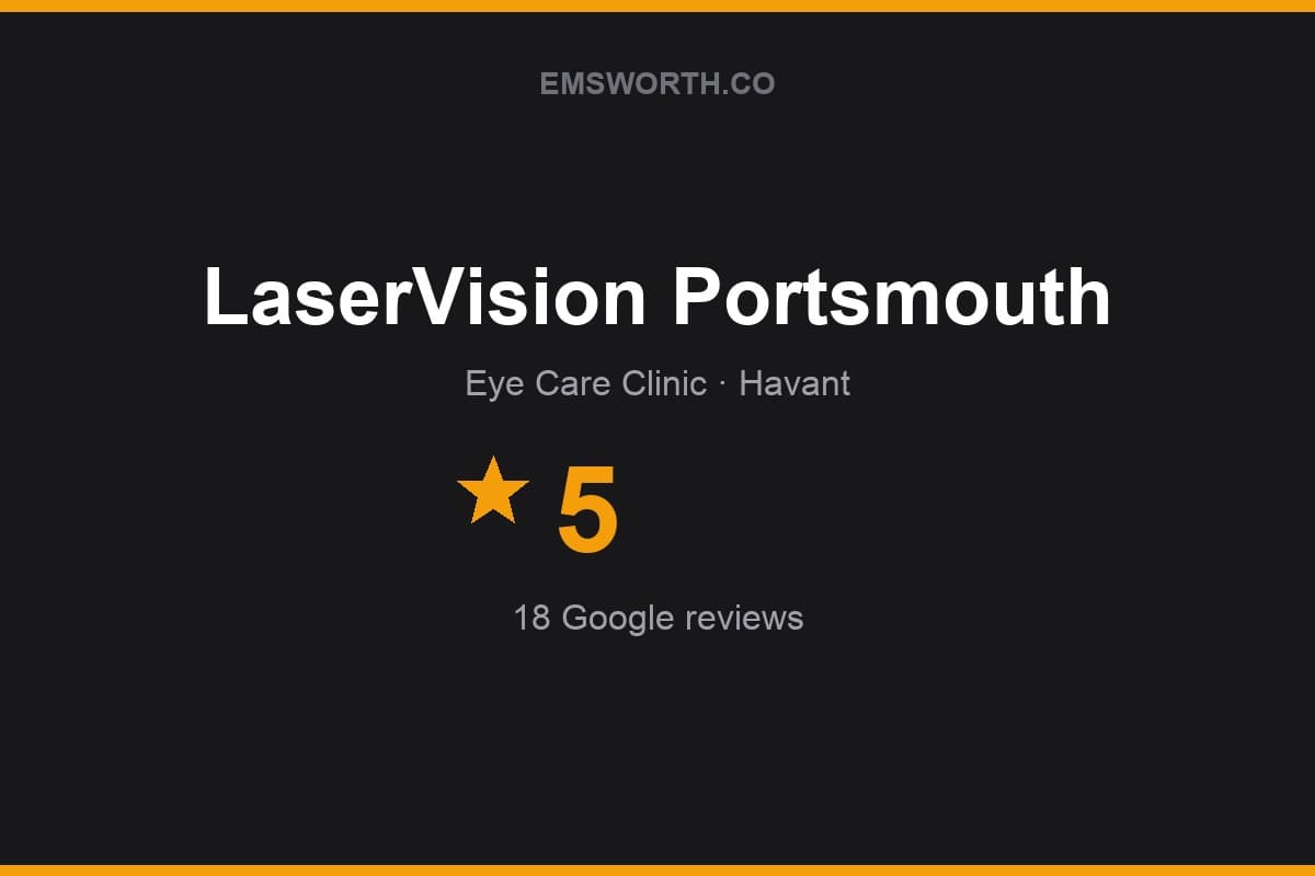 Branded Emsworth.co rating card for LaserVision Portsmouth — 5 stars, 18 Google reviews