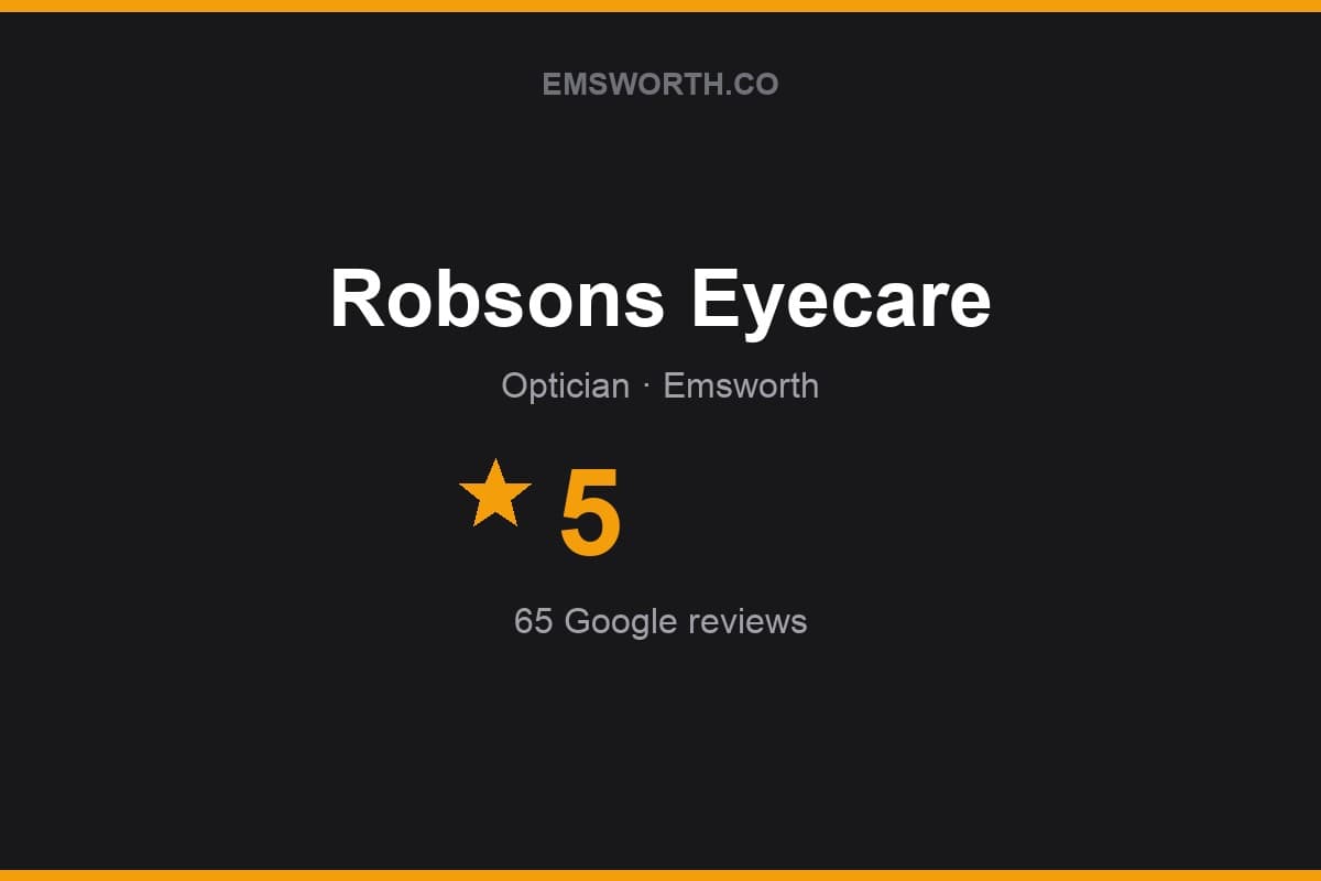 Branded Emsworth.co rating card for Robsons Eyecare — 5 stars, 65 Google reviews