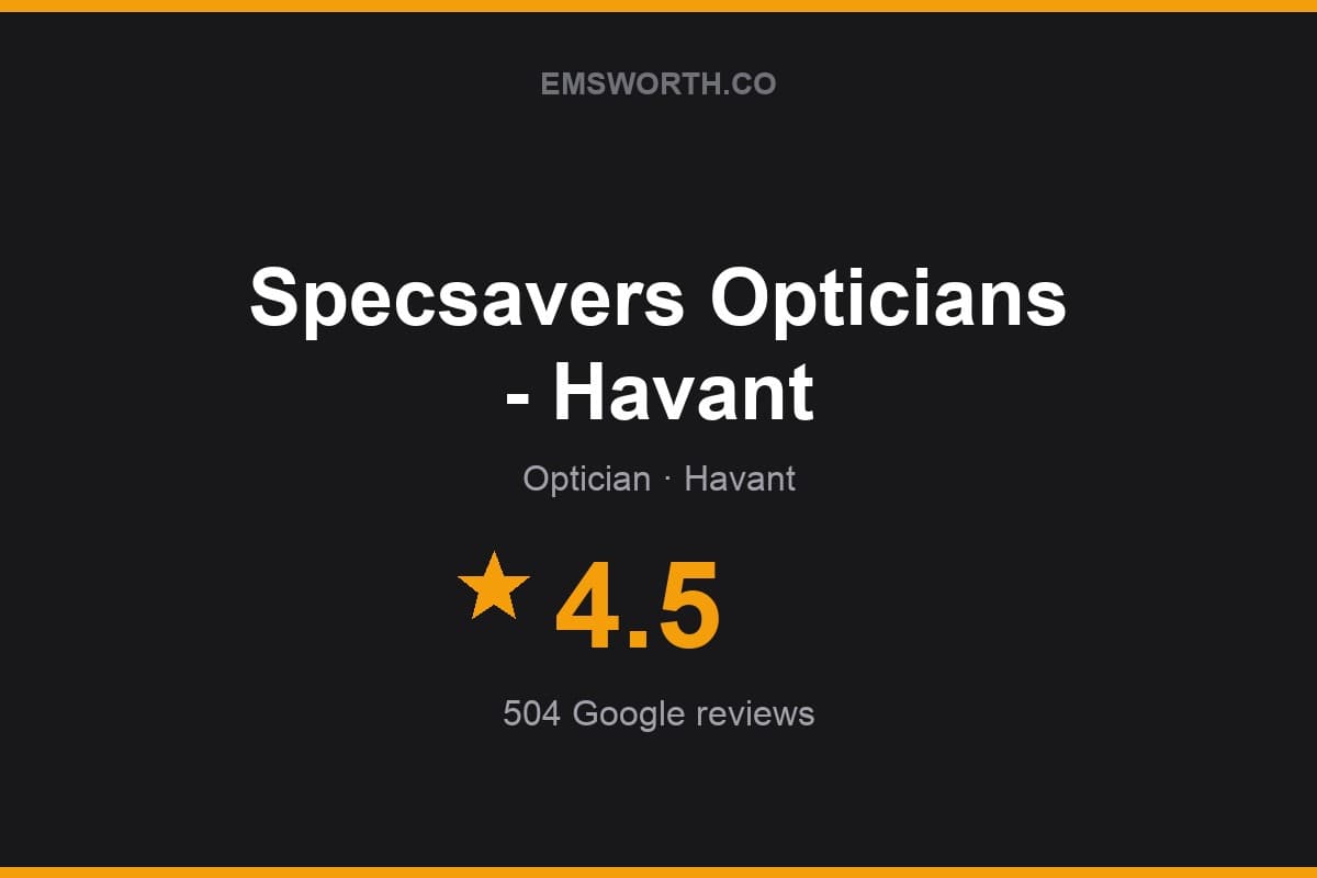 Branded Emsworth.co rating card for Specsavers Opticians - Havant — 4.5 stars, 504 Google reviews