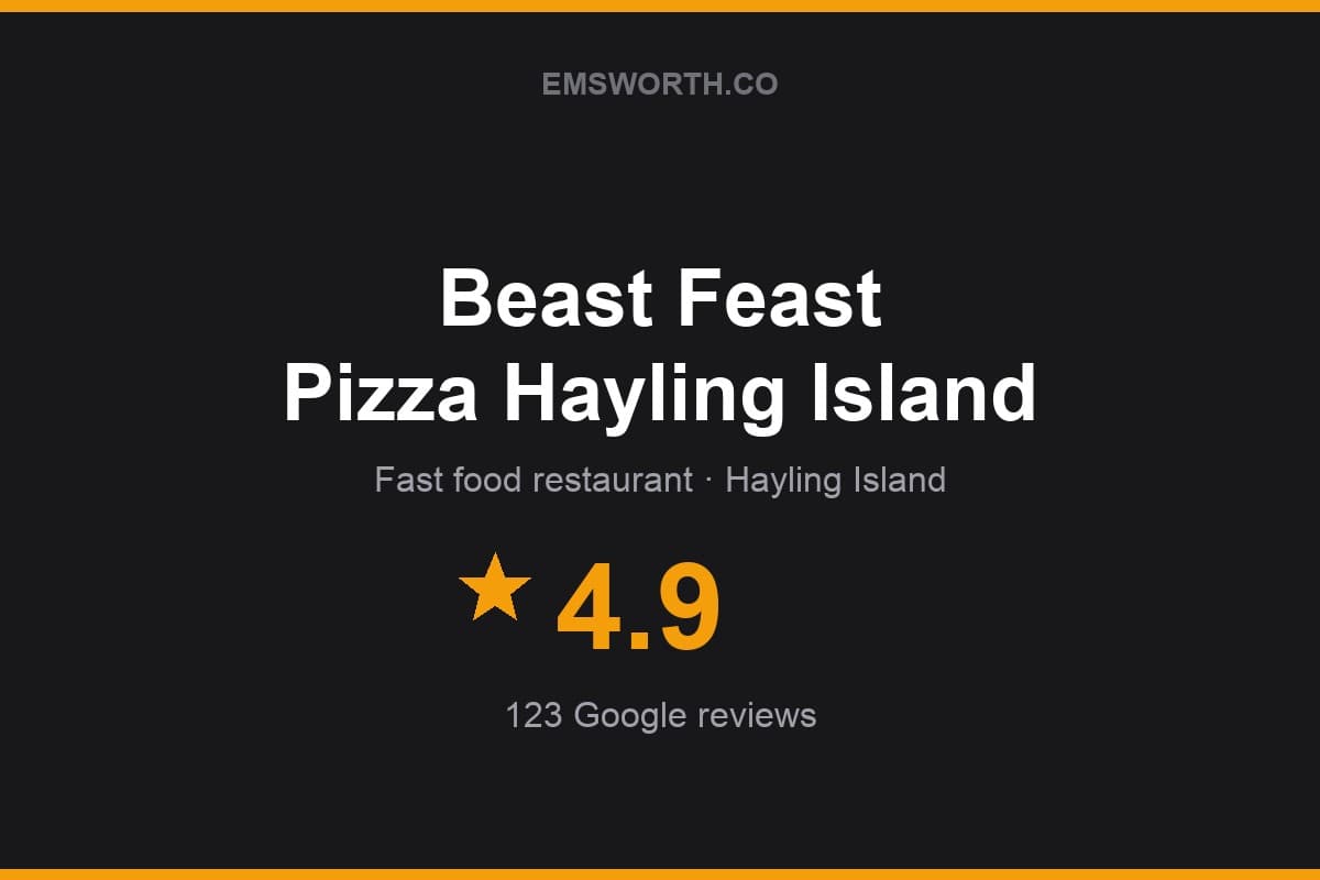 Branded Emsworth.co rating card for Beast Feast Pizza Hayling Island — 4.9 stars, 123 Google reviews