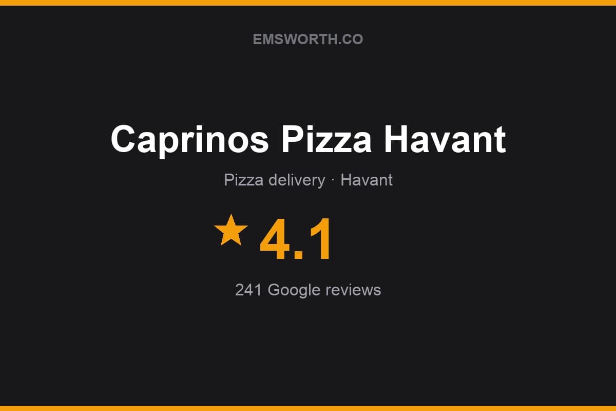Branded Emsworth.co rating card for Caprinos Pizza Havant — 4.1 stars, 241 Google reviews