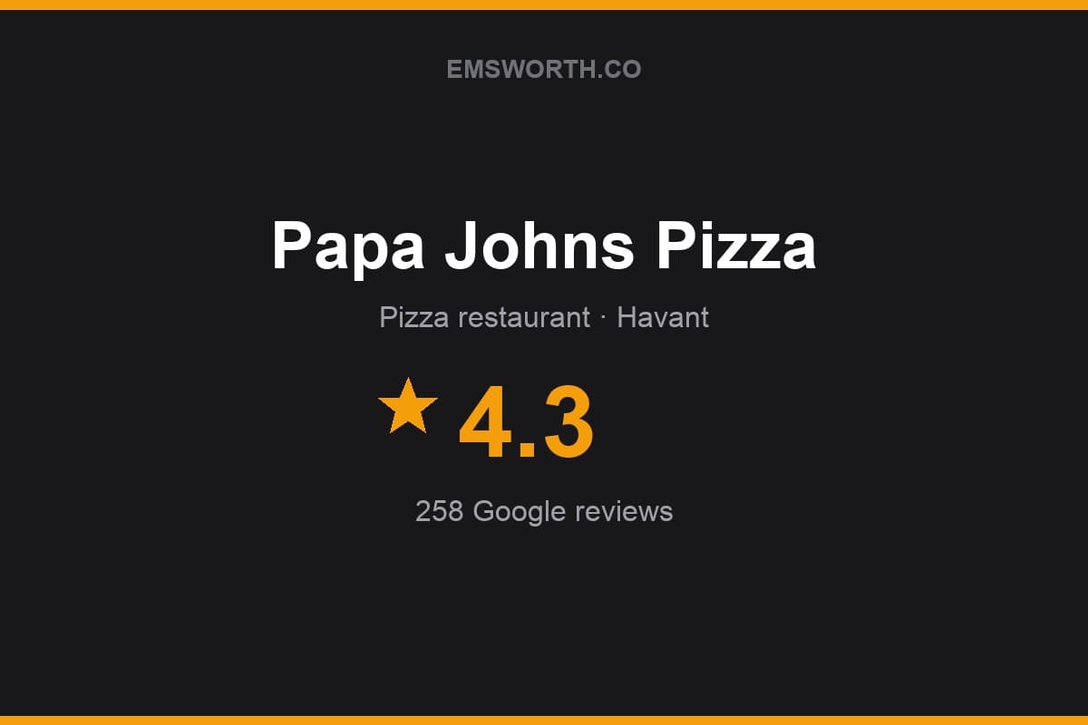 Branded Emsworth.co rating card for Papa Johns Pizza — 4.3 stars, 258 Google reviews