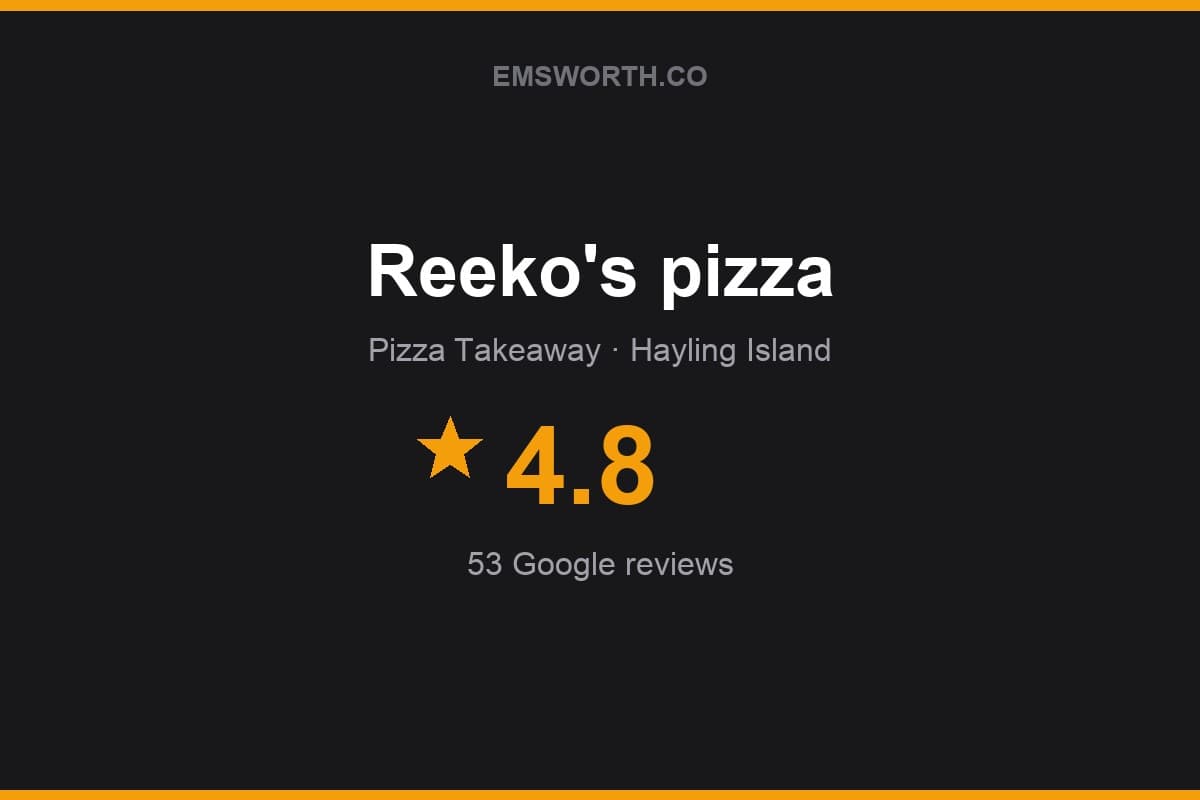 Branded Emsworth.co rating card for Reeko's pizza — 4.8 stars, 53 Google reviews