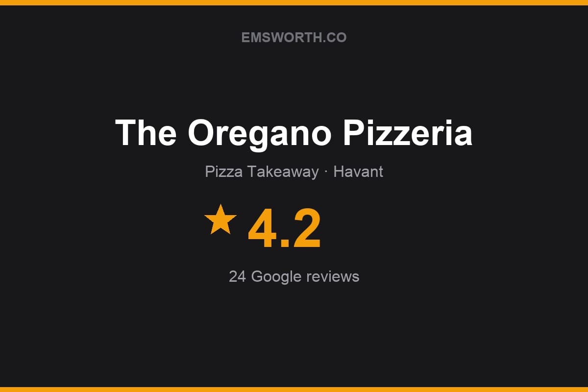 Branded Emsworth.co rating card for The Oregano Pizzeria — 4.2 stars, 24 Google reviews
