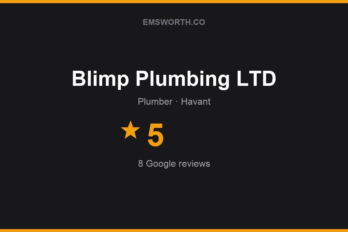Branded Emsworth.co rating card for Blimp Plumbing LTD — 5 stars, 8 Google reviews