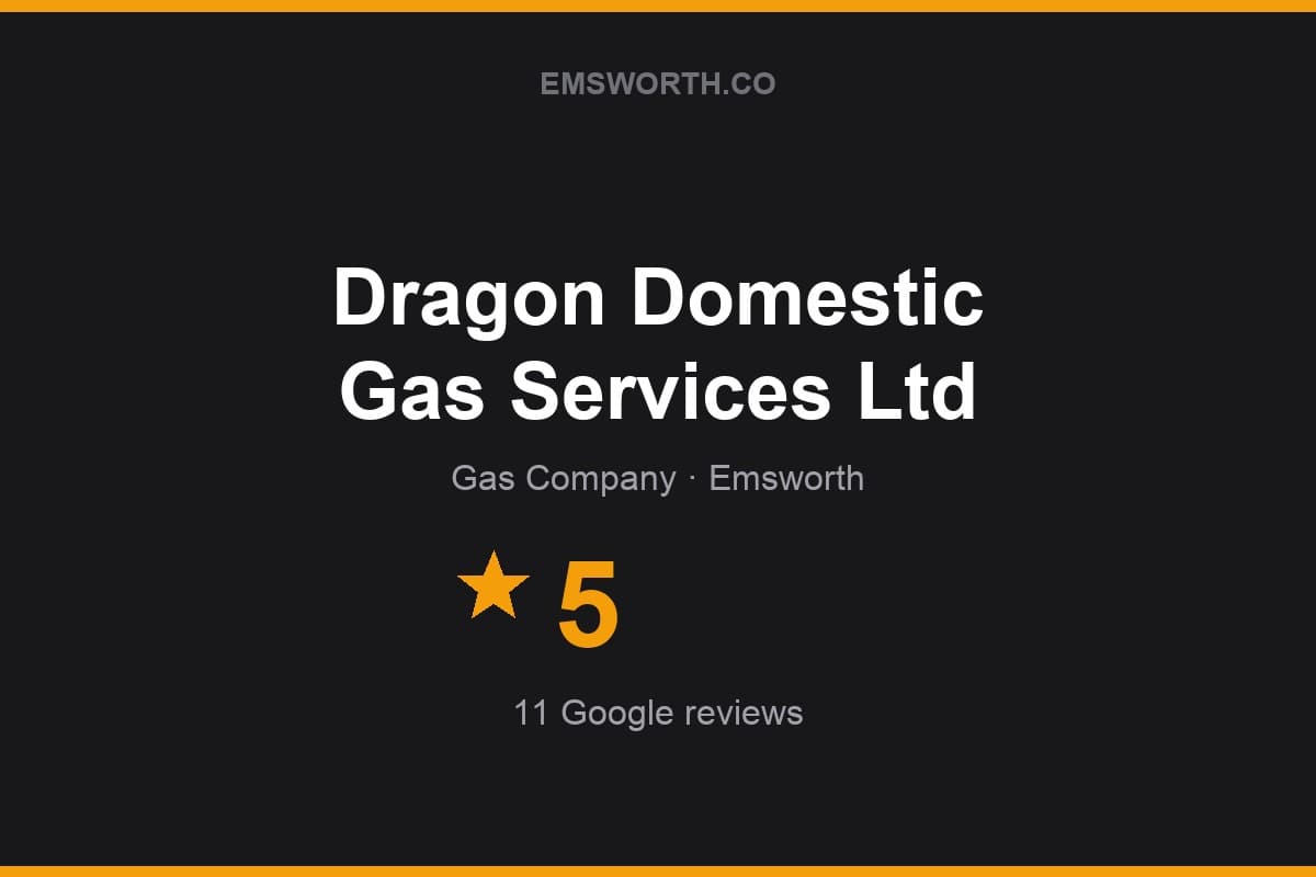 Branded Emsworth.co rating card for Dragon Domestic Gas Services Ltd — 5 stars, 11 Google reviews