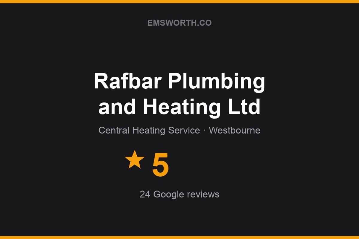Branded Emsworth.co rating card for Rafbar Plumbing and Heating Ltd — 5 stars, 24 Google reviews