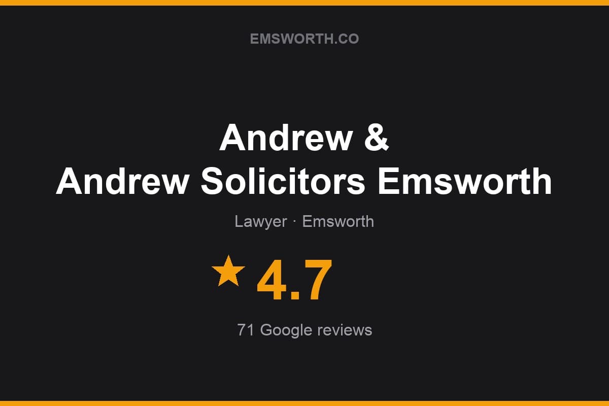 Branded Emsworth.co rating card for Andrew & Andrew Solicitors Emsworth — 4.7 stars, 71 Google reviews