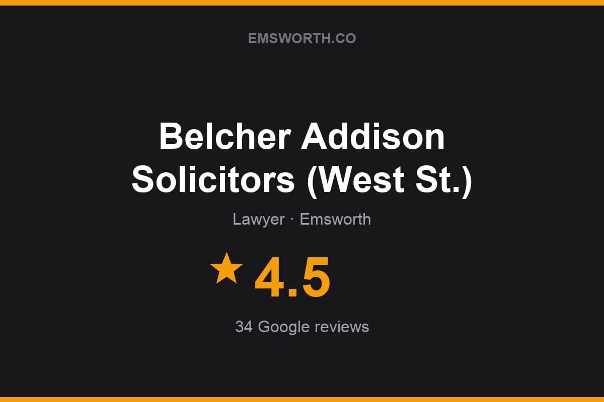 Branded Emsworth.co rating card for Belcher Addison Solicitors (West St.) — 4.5 stars, 34 Google reviews