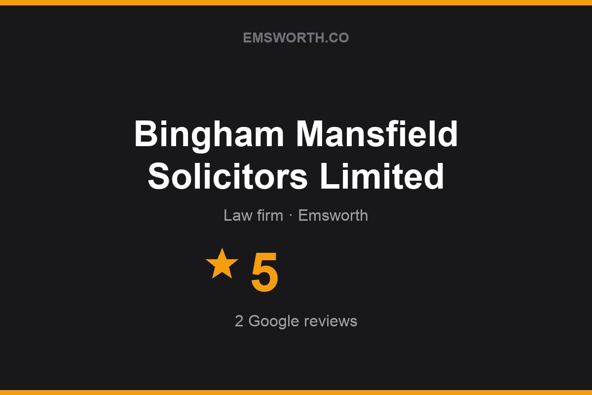 Branded Emsworth.co rating card for Bingham Mansfield Solicitors Limited — 5 stars, 2 Google reviews