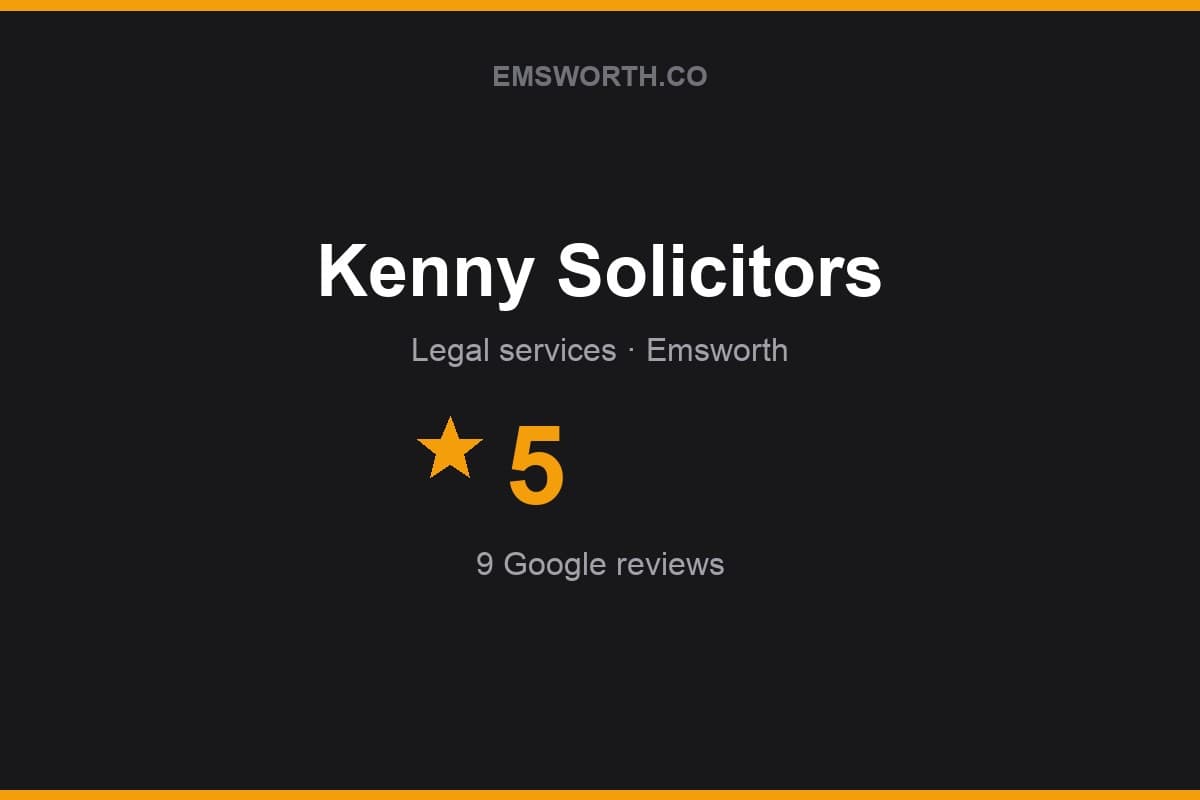 Branded Emsworth.co rating card for Kenny Solicitors — 5 stars, 9 Google reviews