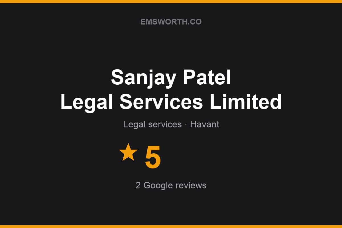 Branded Emsworth.co rating card for Sanjay Patel Legal Services Limited — 5 stars, 2 Google reviews