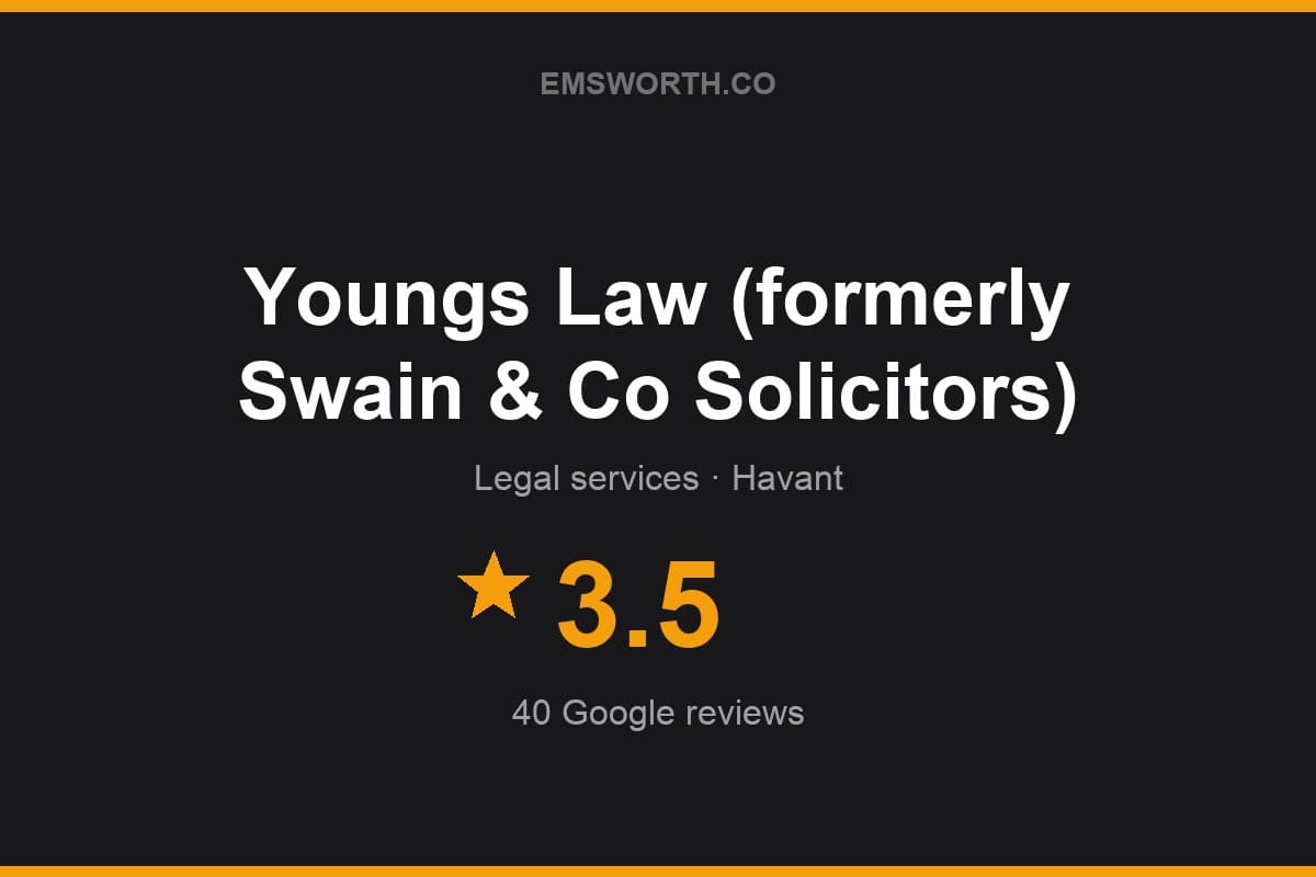 Branded Emsworth.co rating card for Youngs Law (formerly Swain & Co Solicitors) — 3.5 stars, 40 Google reviews